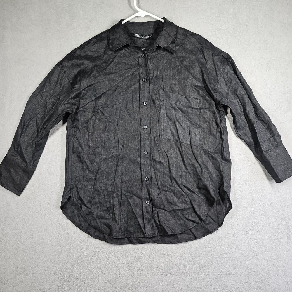 Zara Linen Shirt Womens S Black Oversized Long Sleeve Button Down Top Goth Lagen
